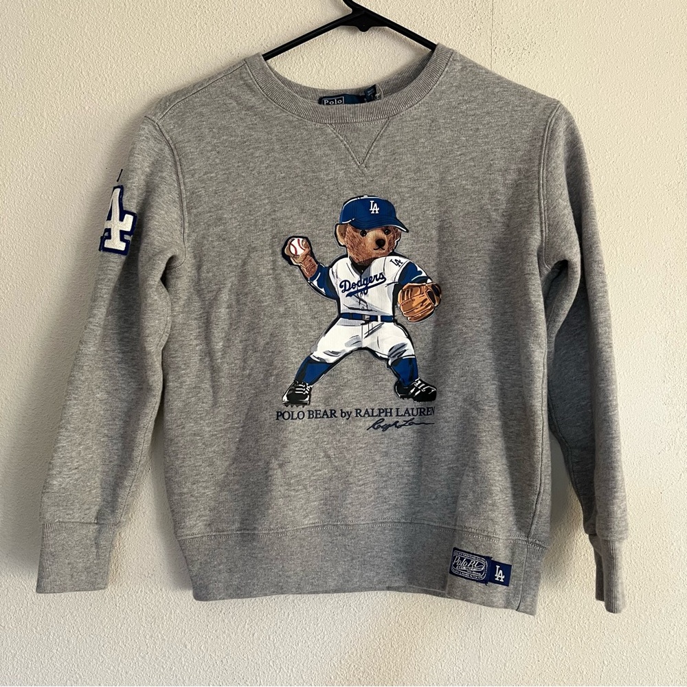 Polo Bear Ralph Lauren LA Dodgers Gray Pullover Sweater Kids Small 8